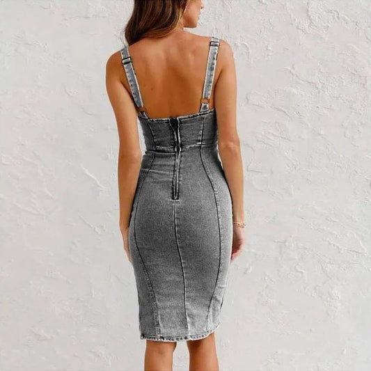 Fitted Denim Dress with Adjustable Strap and U-Shaped Neckline