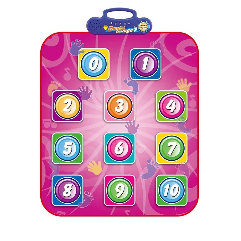 Tapis de danse interactif rose avec chiffres colorés de 0 à 10, motifs de mains et pieds, idéal pour enfants, jeu éducatif et amusant.