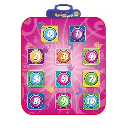 Tapis de danse interactif rose avec chiffres colorés de 0 à 10, motifs de mains et pieds, idéal pour enfants, jeu éducatif et amusant.