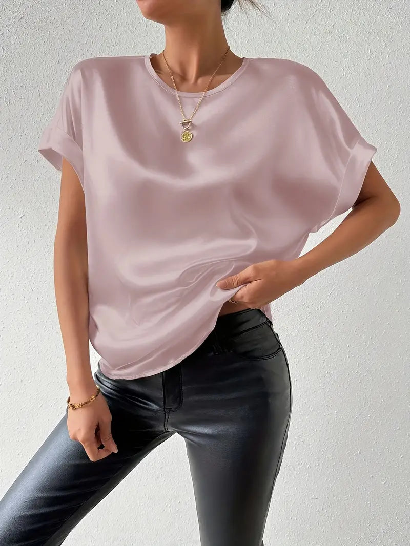 Valkirra - T shirt en satin à manches courtes roulées et encolure ronde