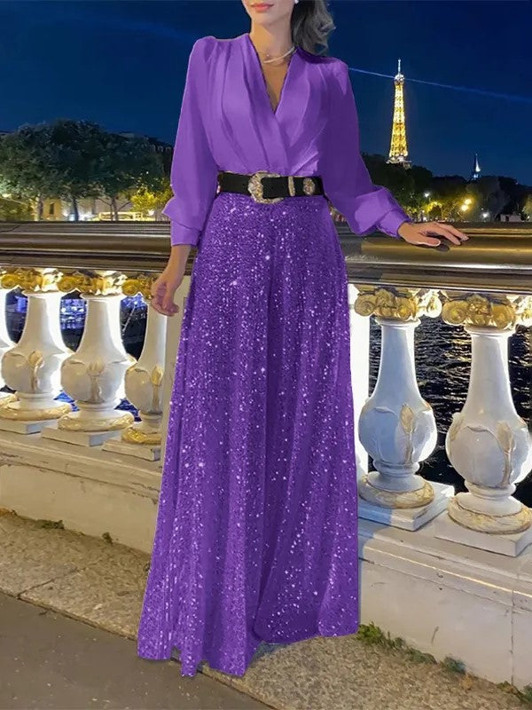 Chelsea | Elegante Langarmshirt mit Pailletten-Palazzo-Hose