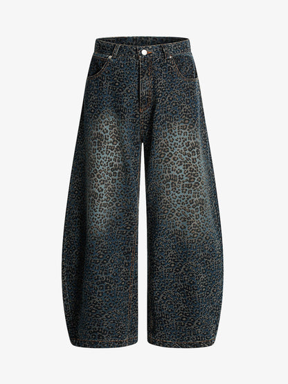 Leopard Print Denim Barrel Jeans
