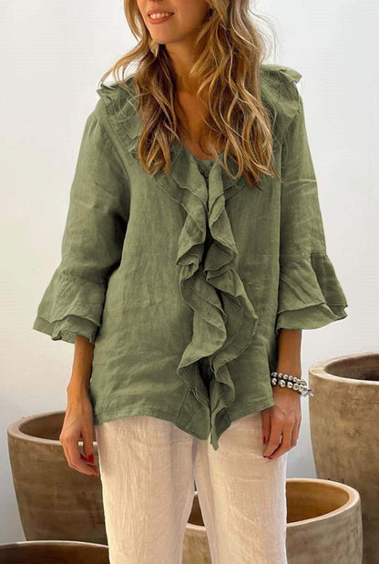 Blusa com decote em V e mangas franzidas