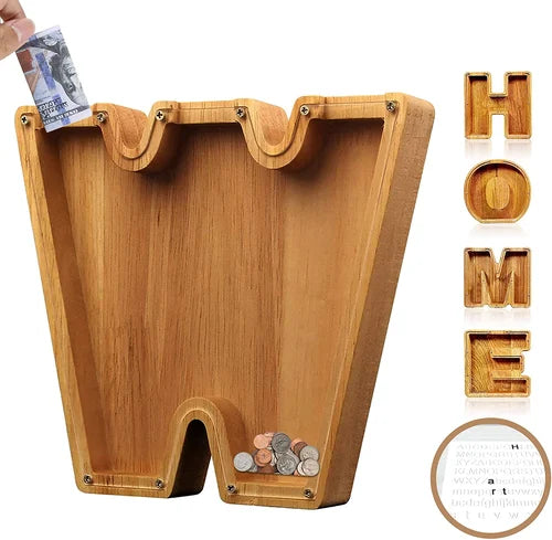 TreasureNest Muntbank | Gepersonaliseerde houten spaarpot in A-Z letterontwerpen