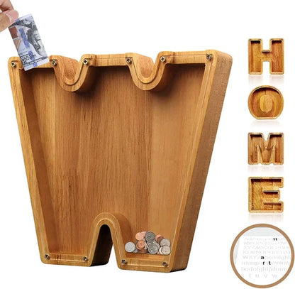 TreasureNest Muntbank | Gepersonaliseerde houten spaarpot in A-Z letterontwerpen