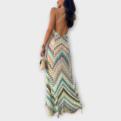 Buntes Fischgrätmuster Maxikleid – Strickkleid für Damen