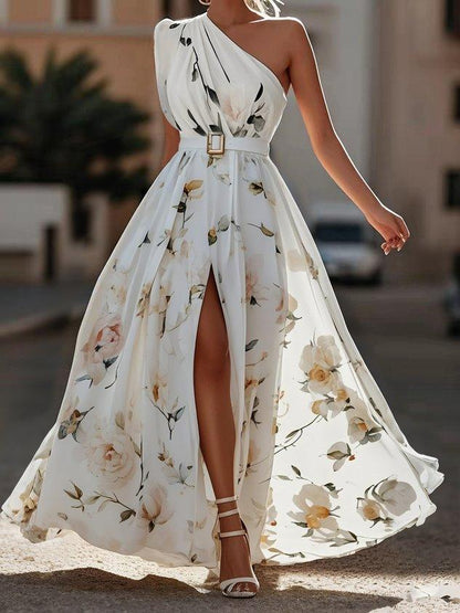 The Flora — One Shoulder Floral Chiffon Maxi Dress with Split