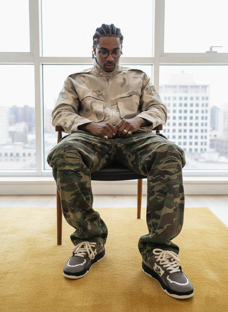 Woven Ripped Camouflage Cargo Baggy Pants