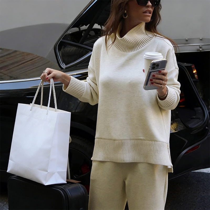 Høyhalset Sweatshirt med Sidelås & Bukse – 2-Delt Sett