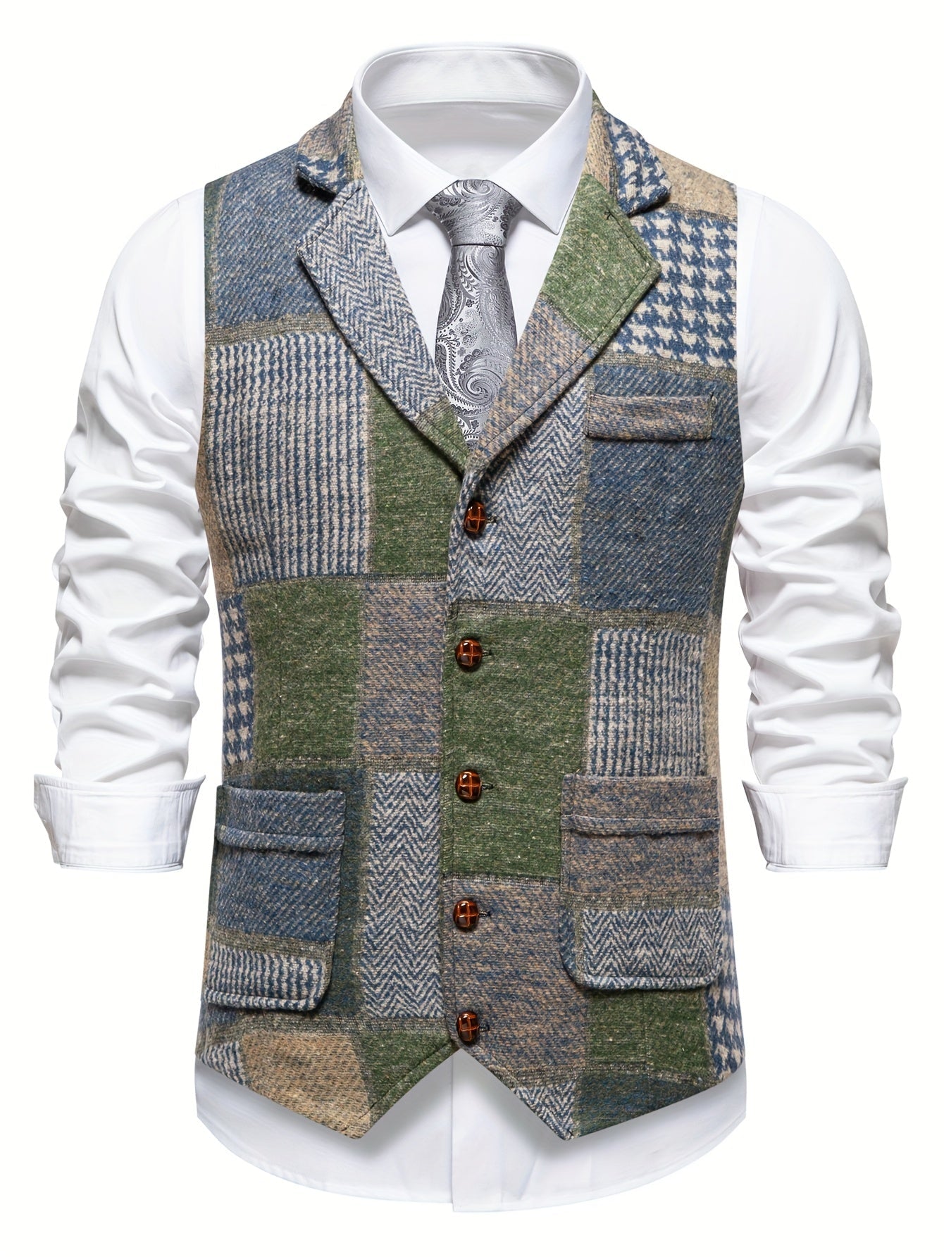 Leo | Patchwork-tweedvest med fiskebensmønster