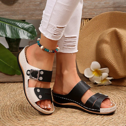 Selima - Leather Wedge Sandals With Rhinestones