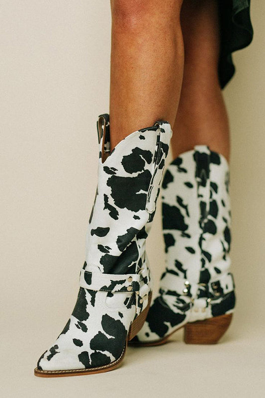 Leather Cow Print Western Boots Spring Fashion Harness Ankle Boots