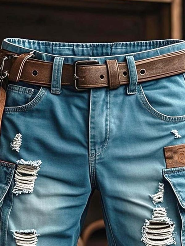 Herren Vintage Outdoor Funktions-Shorts aus zerrissenem Denim