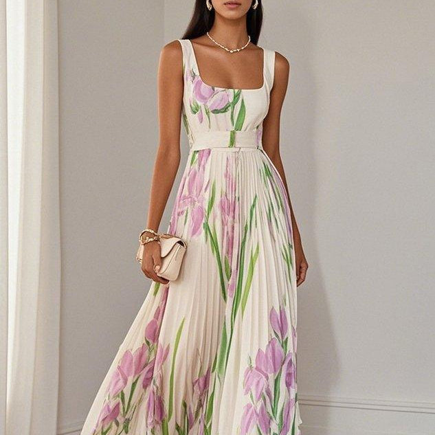 A-Linien-Maxikleid für Damen aus plissiertem Chiffon