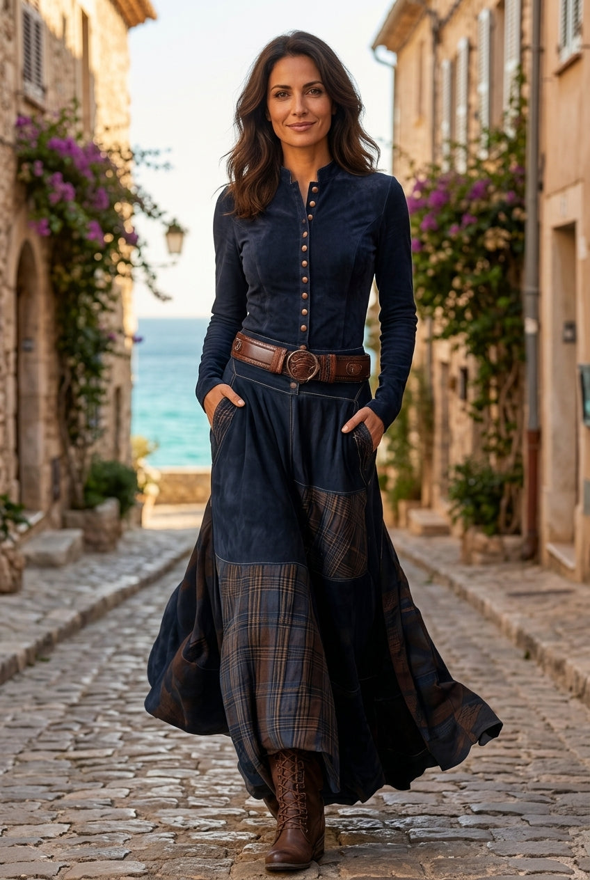 Robe Maxi Vintage Élégante – Coupe Ajustée et Patchwork Carreaux — Bleu marine — Estée Paris