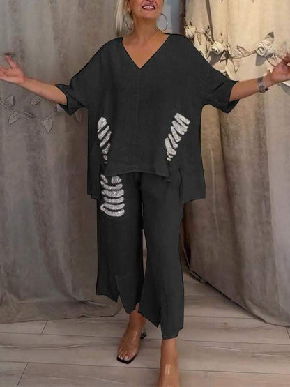 Pearl | Women's Casual 2 Piece Set V-Neck Top and Cropped Pants