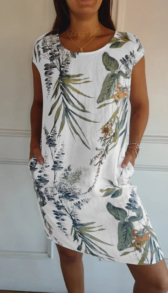 Women's Linen Tropical Print Shift Dress