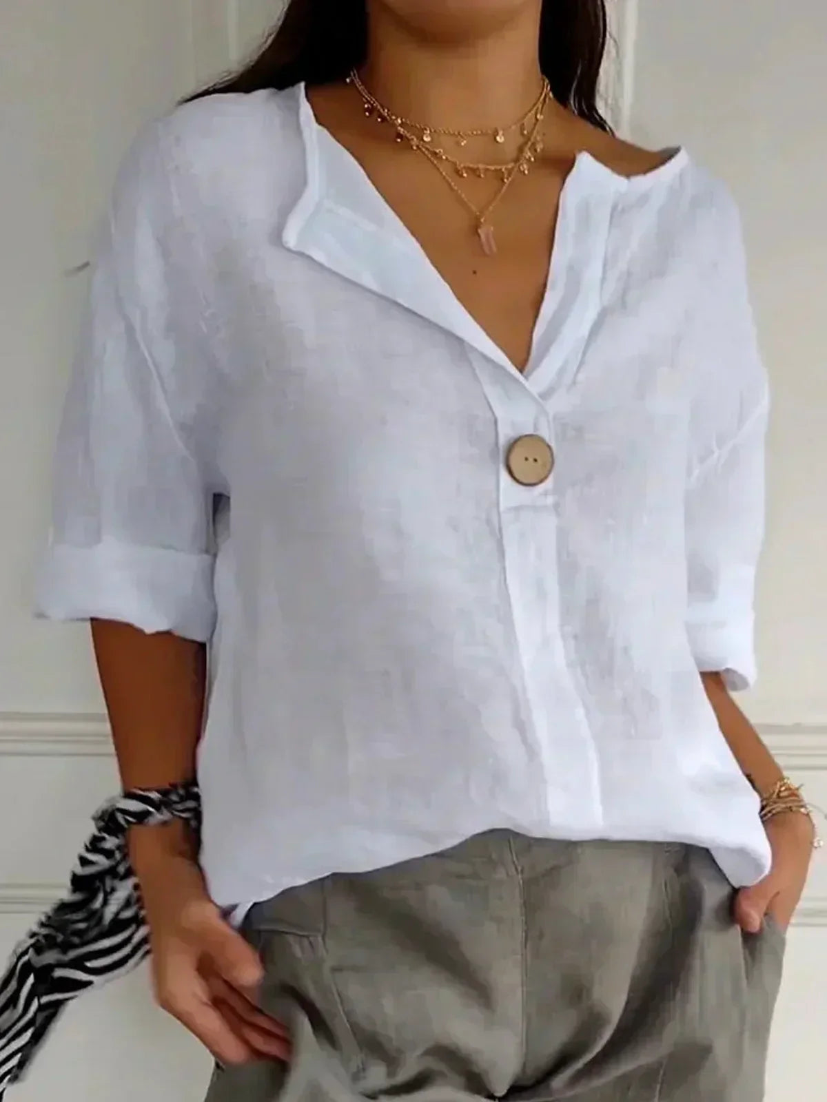 Elanra – V-neck Button Detail Summer Blouse for Women