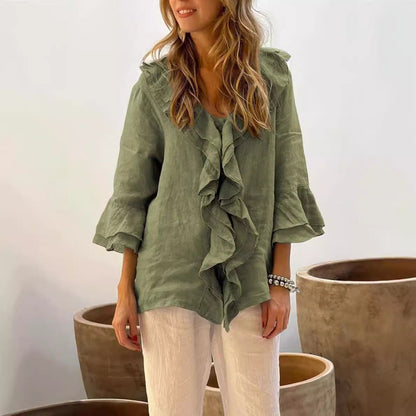 Blusa com decote em V e mangas franzidas