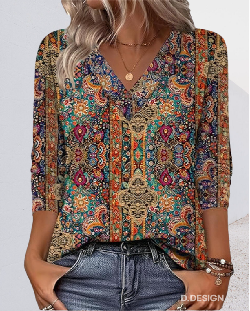 CORALINE - Blusa V-Neck Stampata Retro