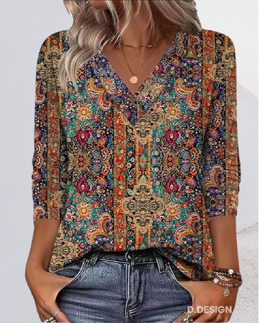 CORALINE - Blusa V-Neck Stampata Retro