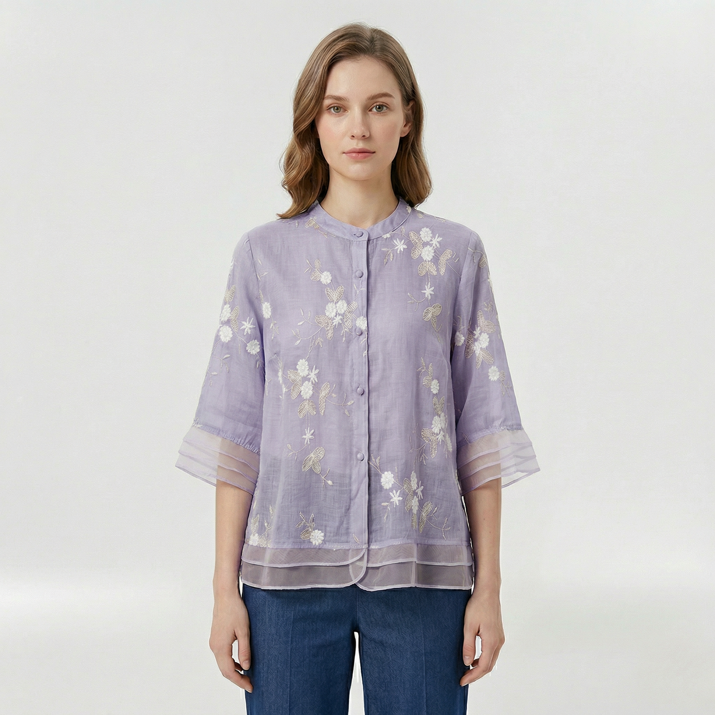 Blusa donna morbida con ricami floreali e colletto coreano casual