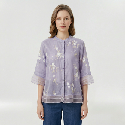 Blusa donna morbida con ricami floreali e colletto coreano casual