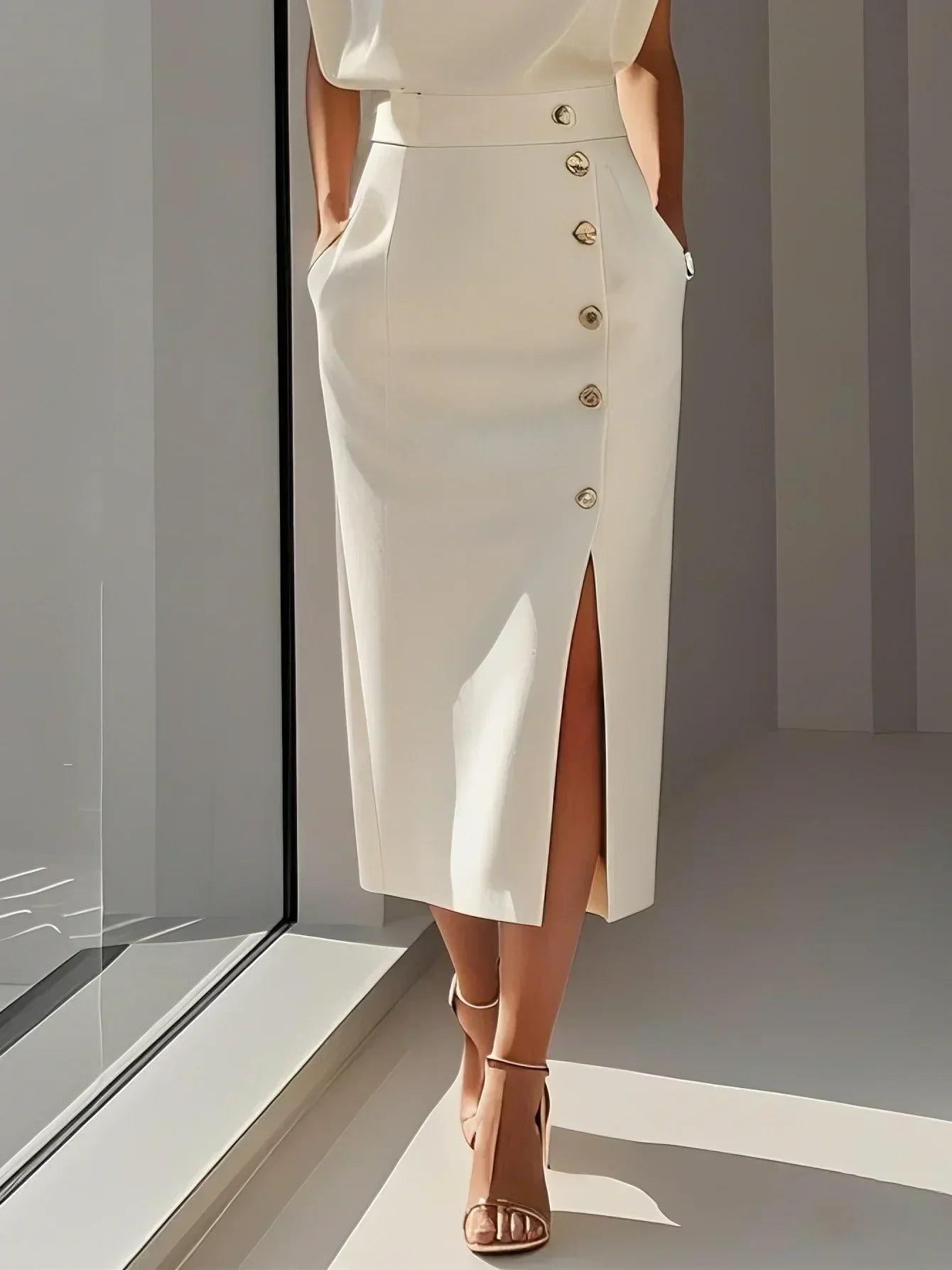 Audrey Button-Detail Sleeveless Midi Dress