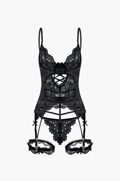 Solid Cut Out Lace Lingerie Garter Set