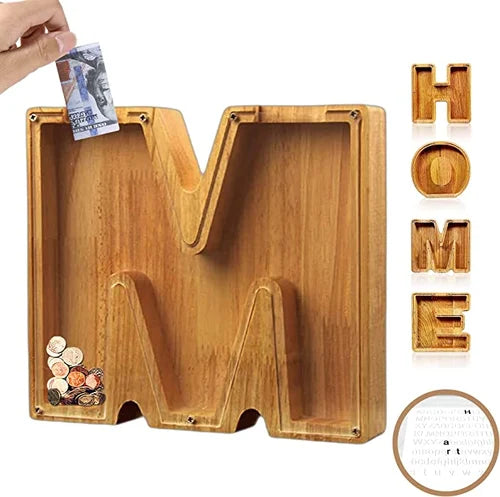 TreasureNest Muntbank | Gepersonaliseerde houten spaarpot in A-Z letterontwerpen