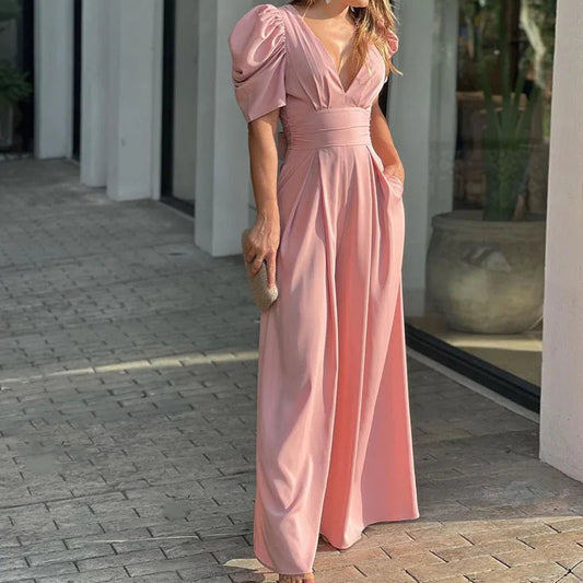 Donna Tuta Elegante Scollo V Maniche a Palloncino – Audace, Femminile, Raffinata