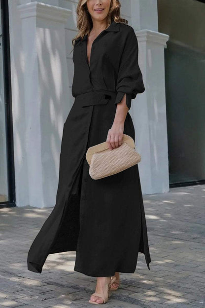 Women's Collared Belted Maxi Dress