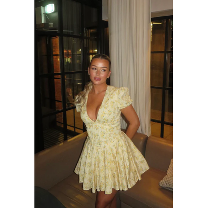 Caroline | Damen Gelbes Florales Minikleid Boho