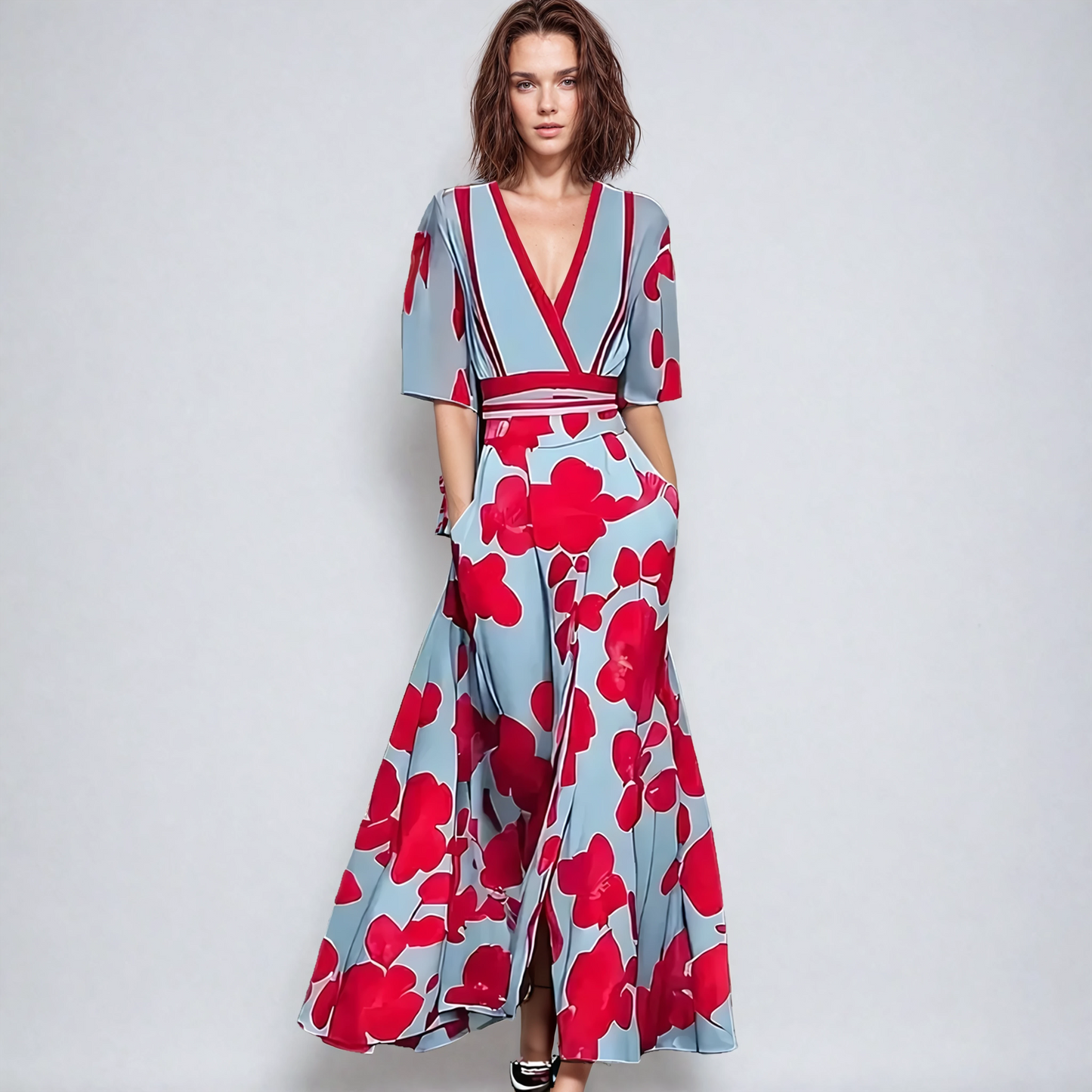 Floral Print Maxi Dress with V-Neckline