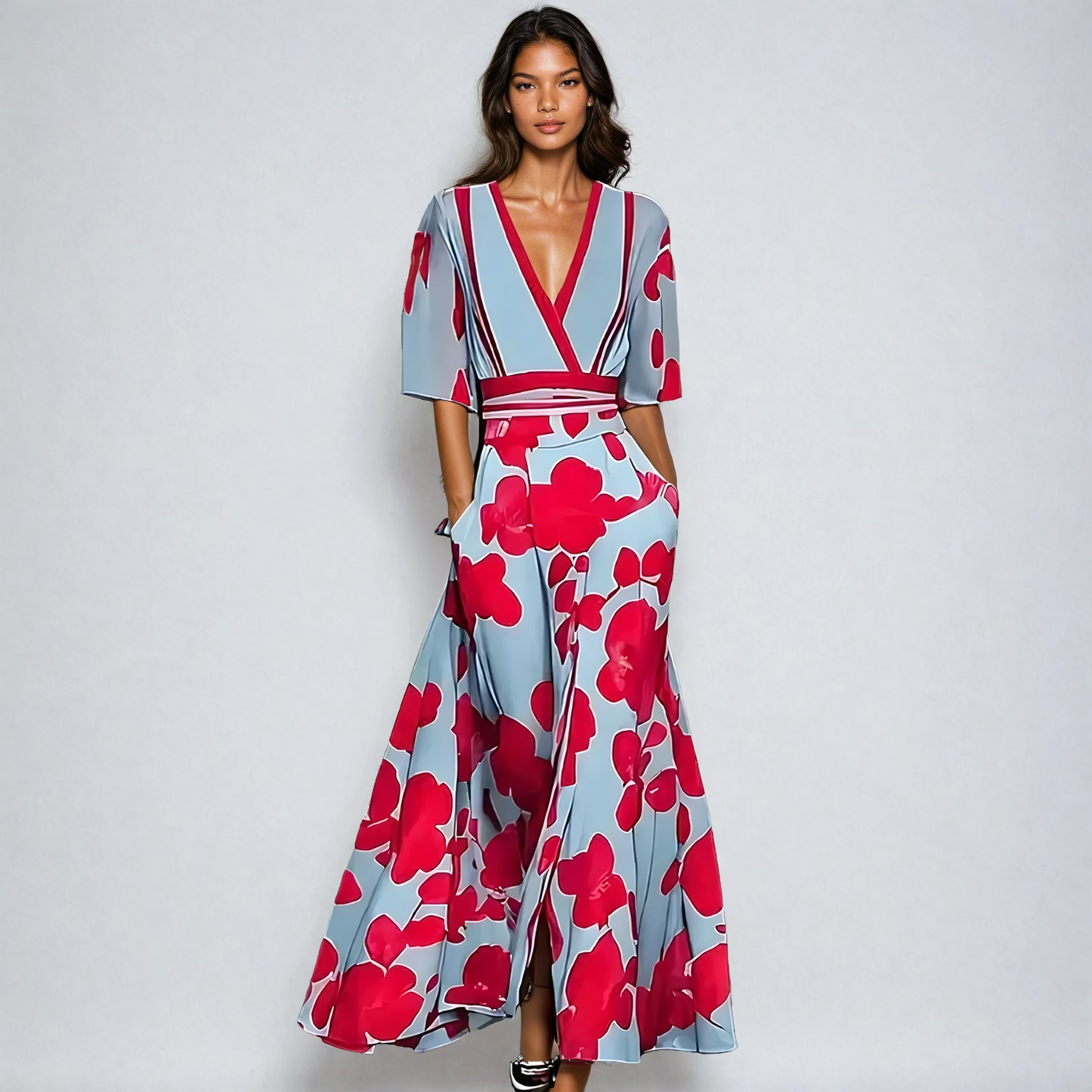 Floral Print Maxi Dress with V-Neckline