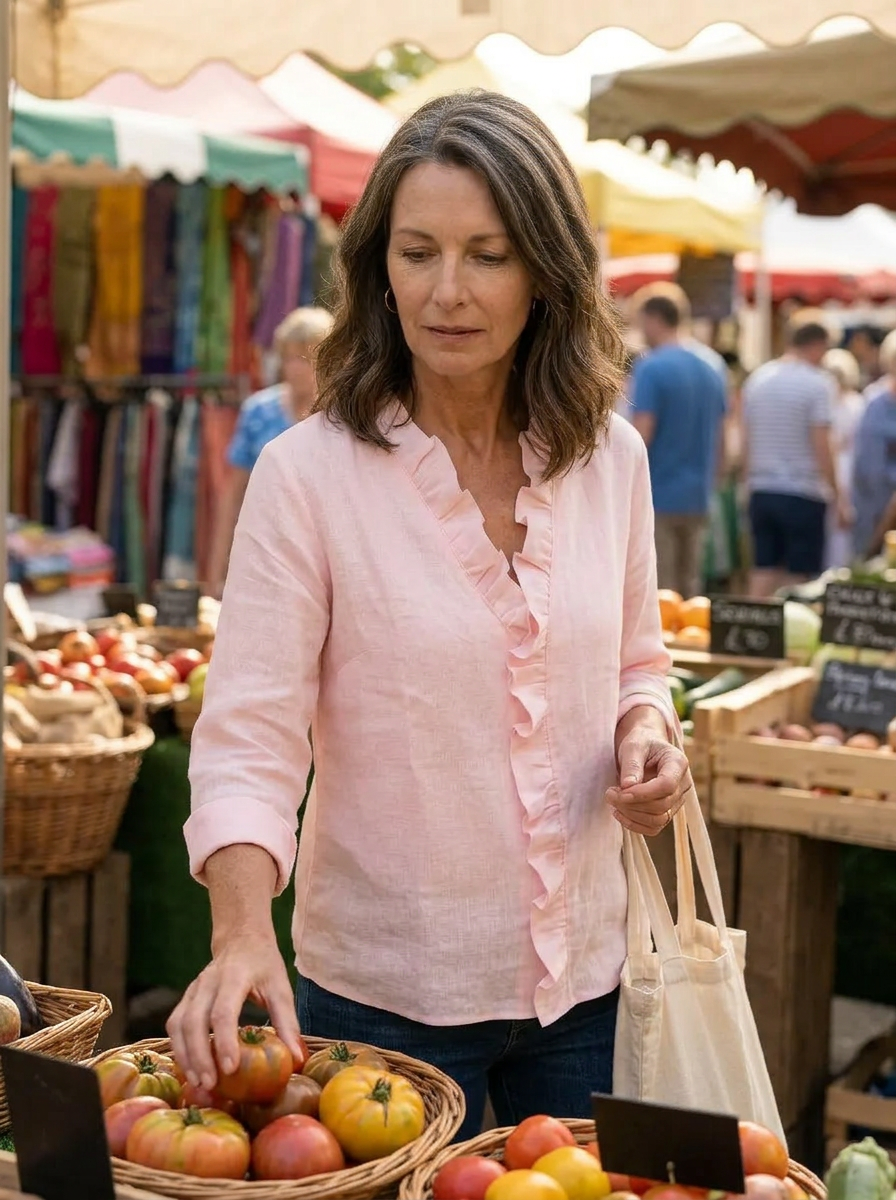 Caterina Conti™ blusa casual con rouches e scollo a V in tessuto morbido