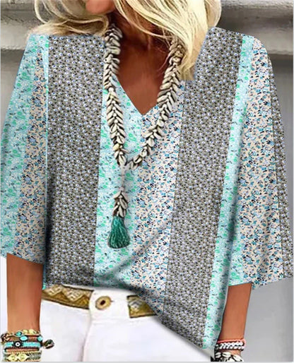 Women's Ditsy Floral Patchwork V-Neck 3/4 Sleeve Top