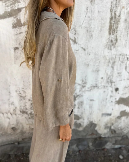 Ensemble Deux-Pièces Femme Décontracté et Tendance – Chemise à Manches et Pantalon Large Confortable