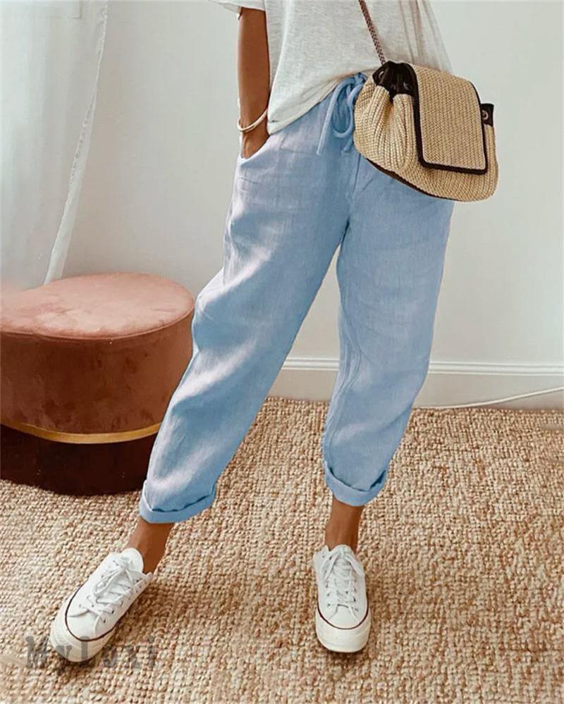 Pantaloni donna in lino a vita alta leggeri e traspiranti