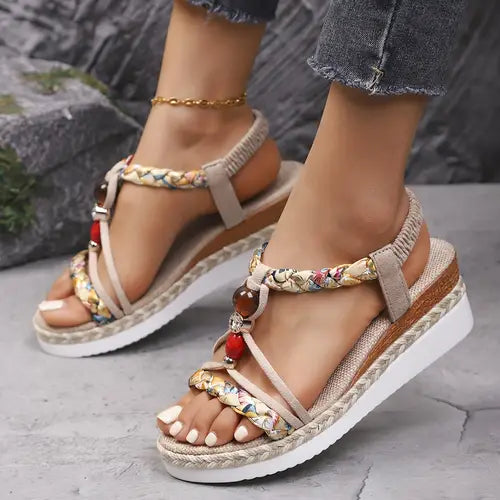 Sandales Femme à Talon Compensé Bohème – Chaussures d’Été Confortables à Petit Talon