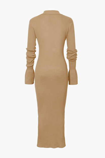 Shell Sleeve Ribbed Buttons Down Maxi Dress Mesh