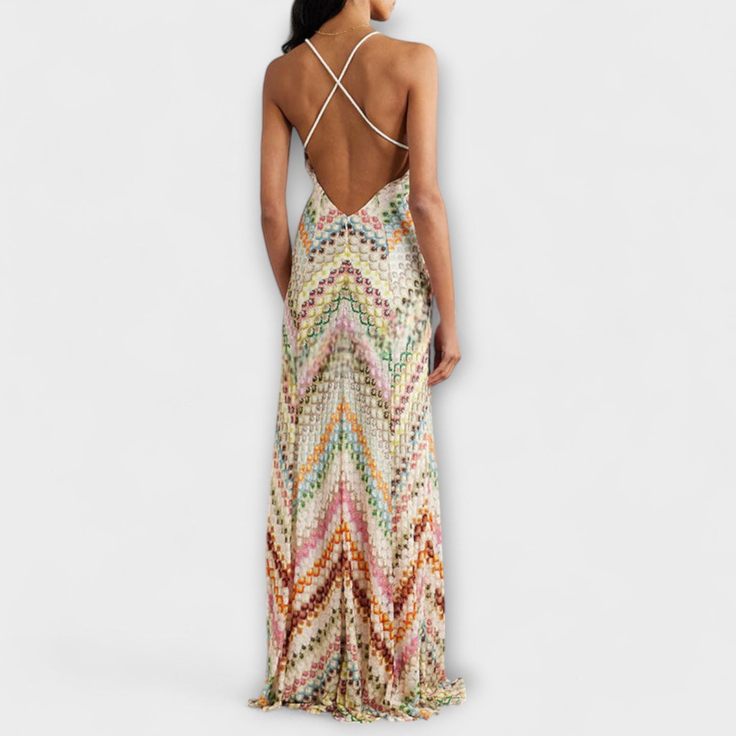 Buntes Fischgrätmuster Maxikleid – Strickkleid für Damen