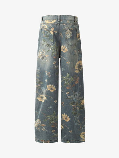 Floral Print Denim Carpenter Jeans