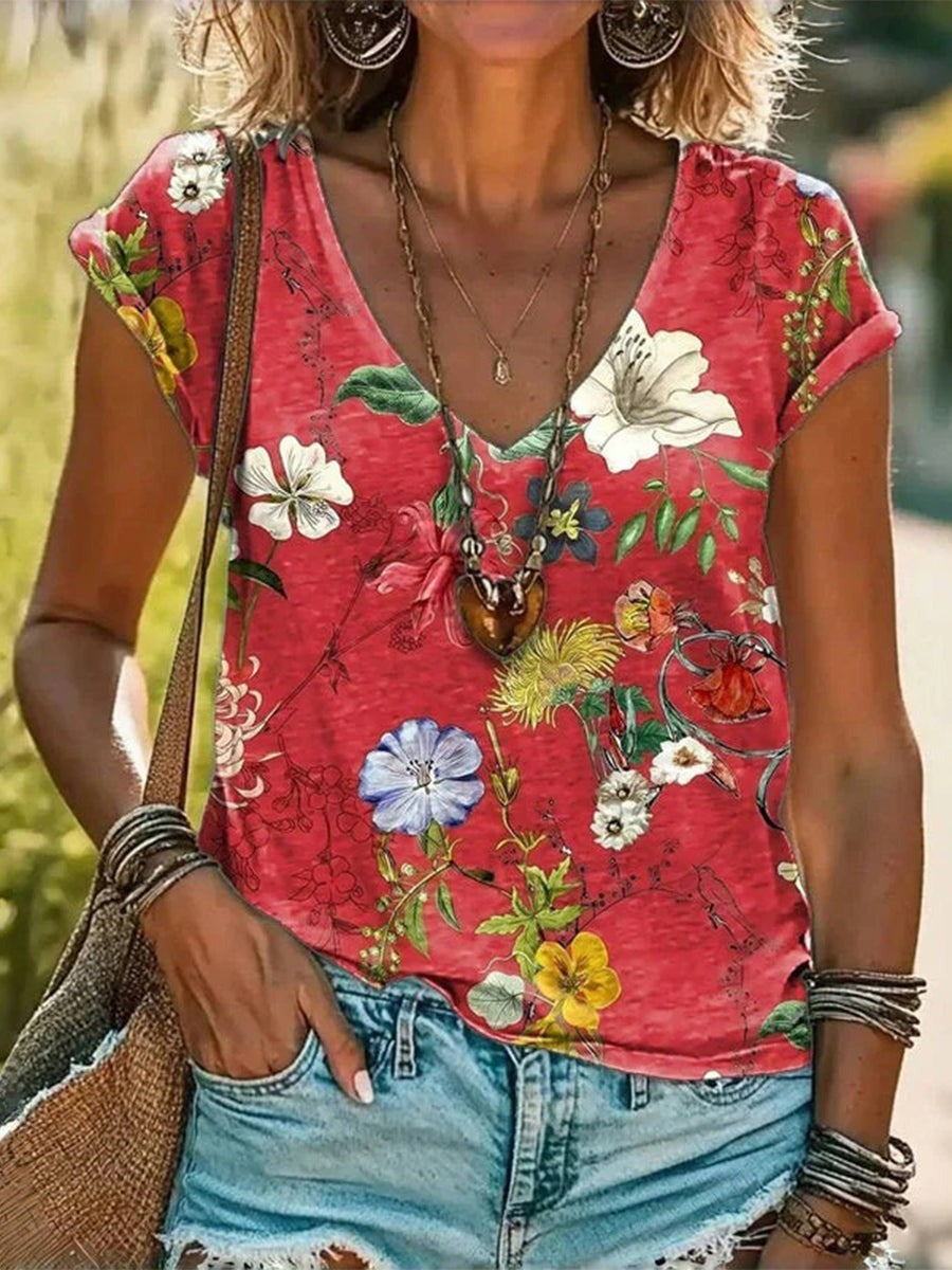 T-shirt pour femme fluide coloré en jersey stretch avec col V floral Iris