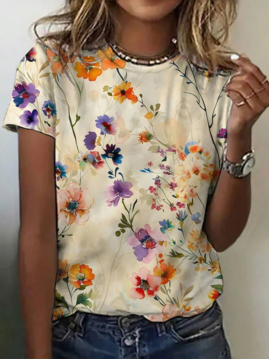 T-shirt pour femme fluide léger en rayonne stretch avec imprimé floral vintage Maëlys
