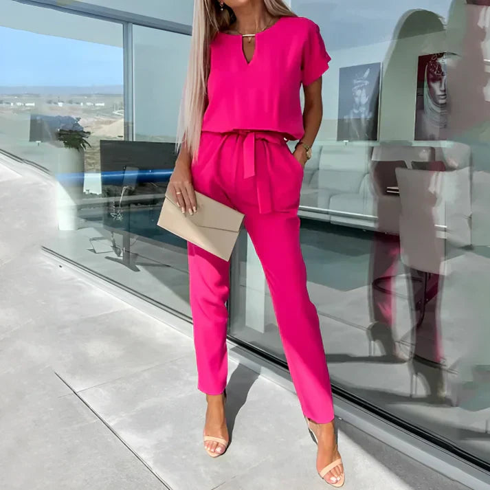 Elegante Dames Jumpsuit met Korte Mouwen en Tailleband