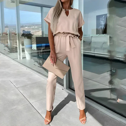 Elegante Dames Jumpsuit met Korte Mouwen en Tailleband