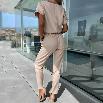 Elegante Dames Jumpsuit met Korte Mouwen en Tailleband