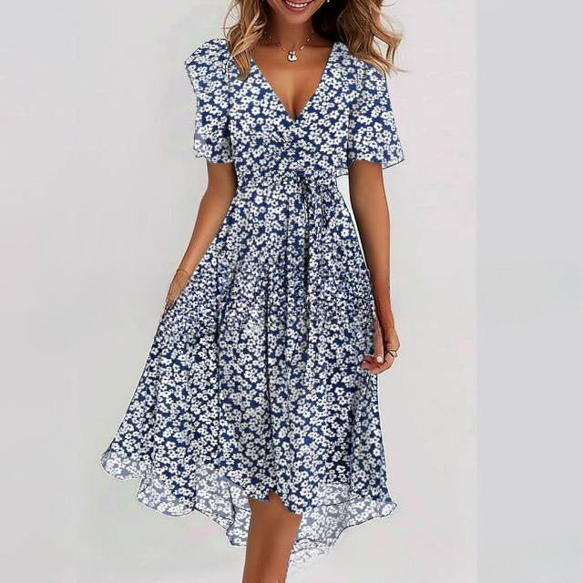 Robe Midi Femme Cache-Cœur à Fleurs – Style A-Line à Manches Courtes