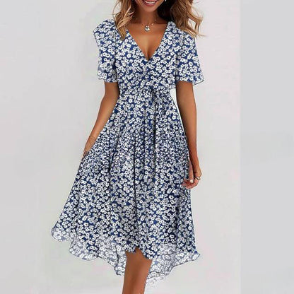 Robe Midi Femme Cache-Cœur à Fleurs – Style A-Line à Manches Courtes